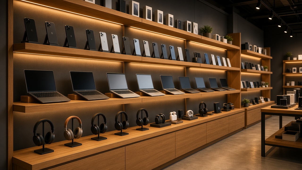 Electronics storefront with devices on display